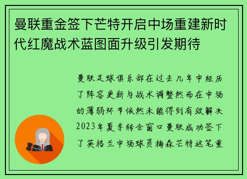 曼联重金签下芒特开启中场重建新时代红魔战术蓝图面升级引发期待 曼联重金签下芒特开启中场重建新时代红魔战术蓝图面升级引发期待